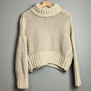 Free People Sweater Womens Small Chunky Knit Turtleneck Beige Cropped Oversized